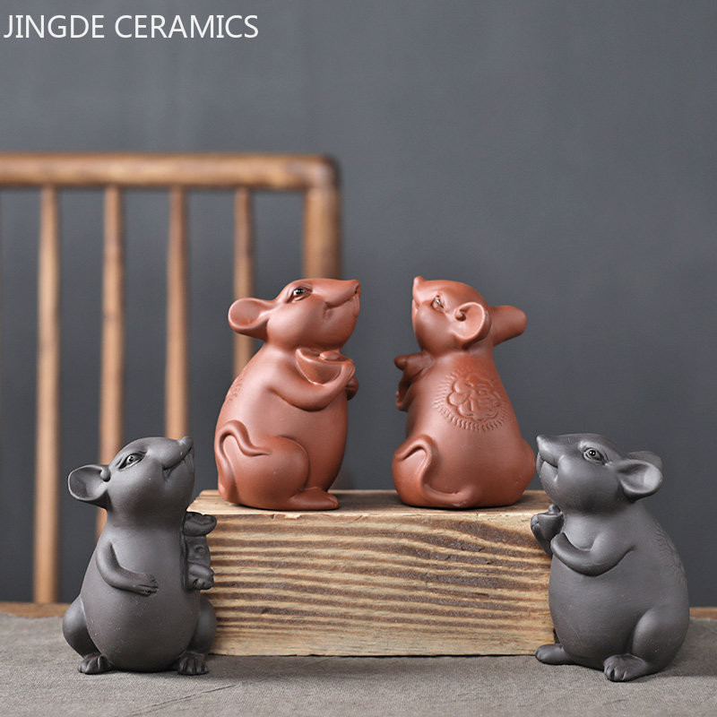 Radošums Purpursarkana māla tēja Mājdzīvnieku darbvirsma Lucky Mouse Skulptūra Ornamenti Zodiaka tēja Play Ķīniešu tējas komplekts Dekorācijas piederumi