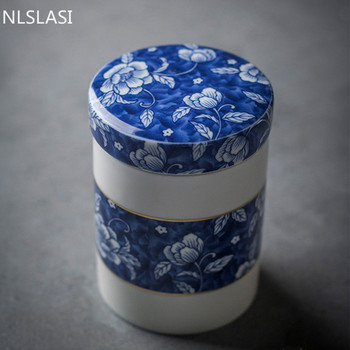 Китайски синьо-бял порцеланов запечатан чай Caddy Домакински керамичен резервоар за съхранение Пътна торбичка за чай Кухненски органайзер за подправки