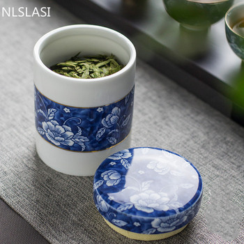 Китайски синьо-бял порцеланов запечатан чай Caddy Домакински керамичен резервоар за съхранение Пътна торбичка за чай Кухненски органайзер за подправки