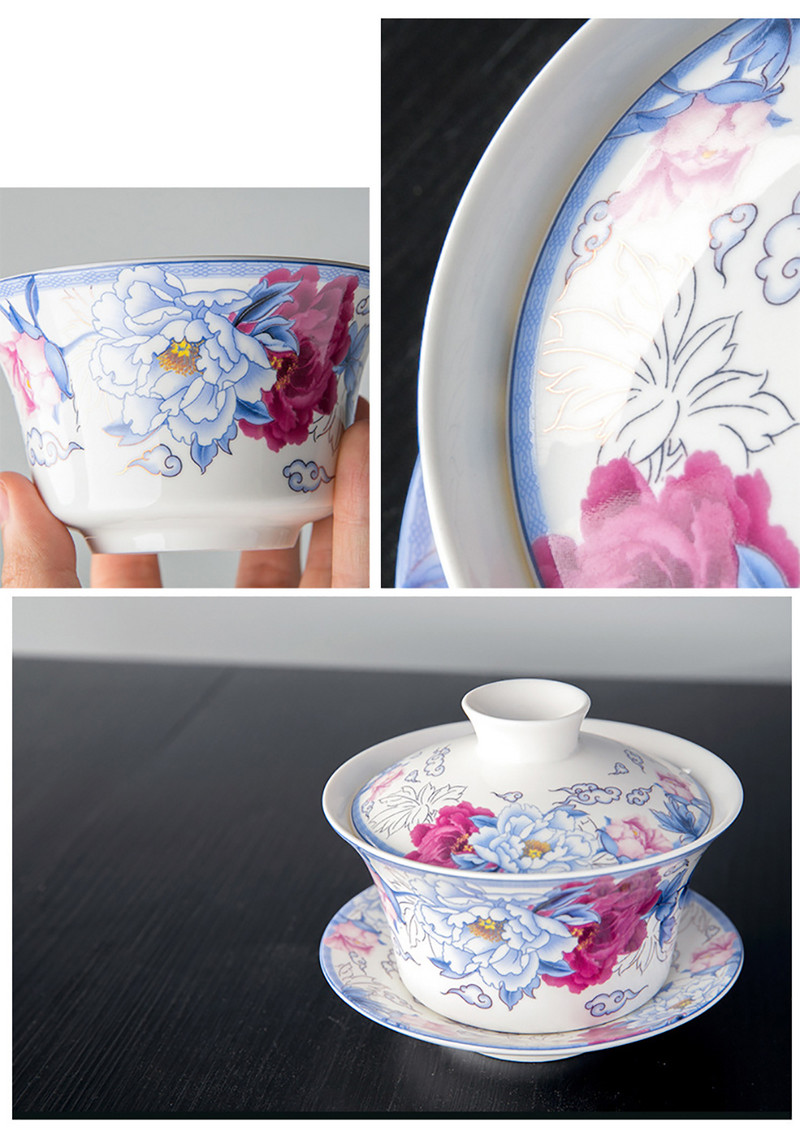 350 ml Lielas ietilpības keramikas izstrādājumi Gaiwan porcelāna mākslas putnu tēja Tureen ziedu tējas bļoda ar apakštasītes vāku komplekts Master Teaset dzērienu trauki