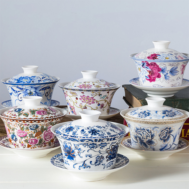 350 ml Lielas ietilpības keramikas izstrādājumi Gaiwan porcelāna mākslas putnu tēja Tureen ziedu tējas bļoda ar apakštasītes vāku komplekts Master Teaset dzērienu trauki