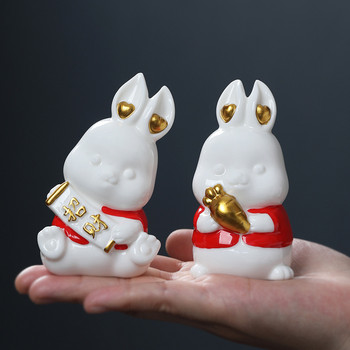 1PC Yixing Ceramics Tea Pet Gold Ingot Rabbit Model Statue Ръчно изработен декор за настолен офис Орнамент Бутикова чаена церемония