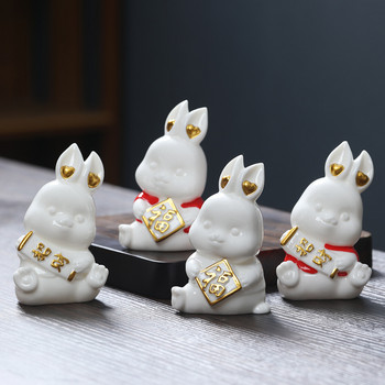 1PC Yixing Ceramics Tea Pet Gold Ingot Rabbit Model Statue Ръчно изработен декор за настолен офис Орнамент Бутикова чаена церемония