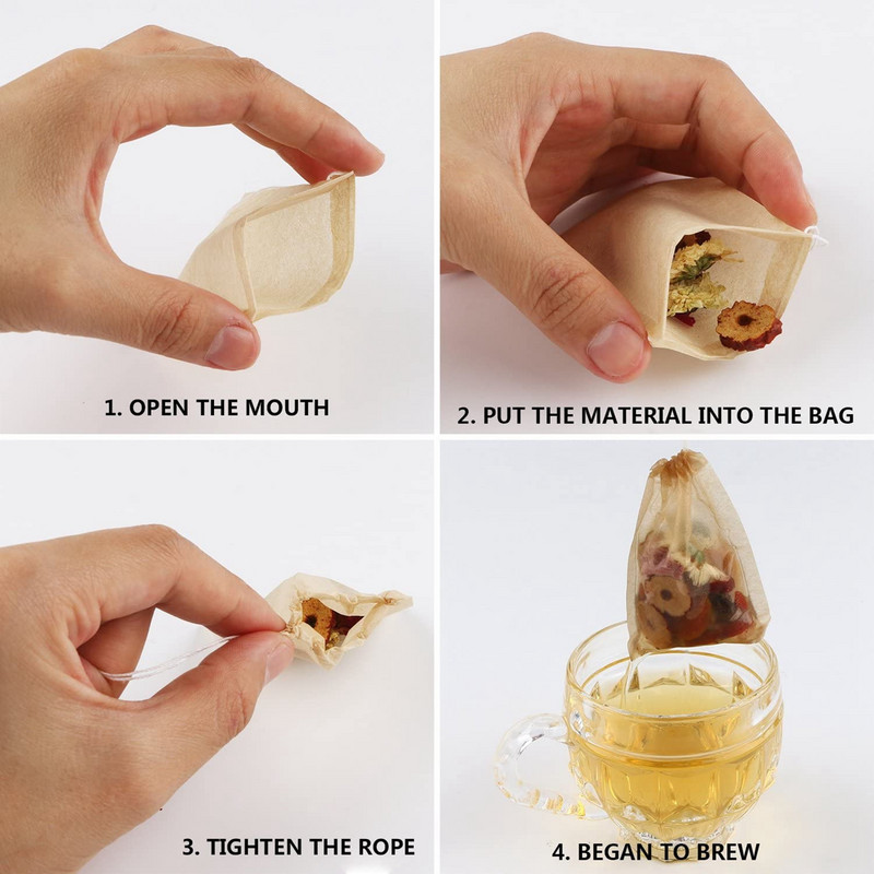 100 gab vienreizējās lietošanas tējas maisiņi Filtrs Bioloģiski noārdāms dabīgā koka celulozes papīra filtra maisiņi Tukši tējas maisiņi zāļu tējas sietiņiem Tējas trauki