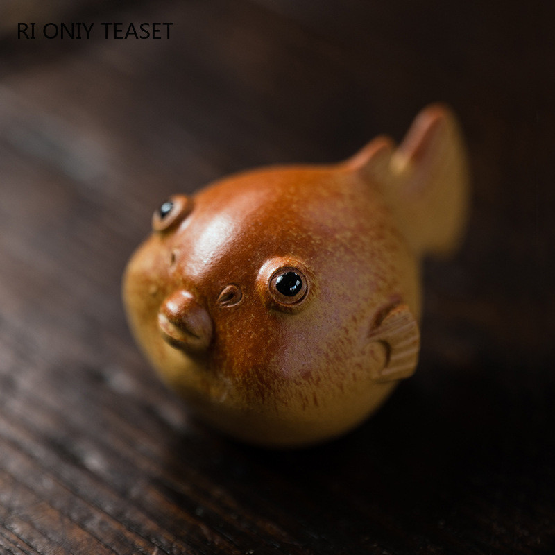 Aranyos pufi hal szobor díszek kínai Yixing lila agyagtea kisállat kézzel készített szobor kézműves butik teáskészlet dekoráció