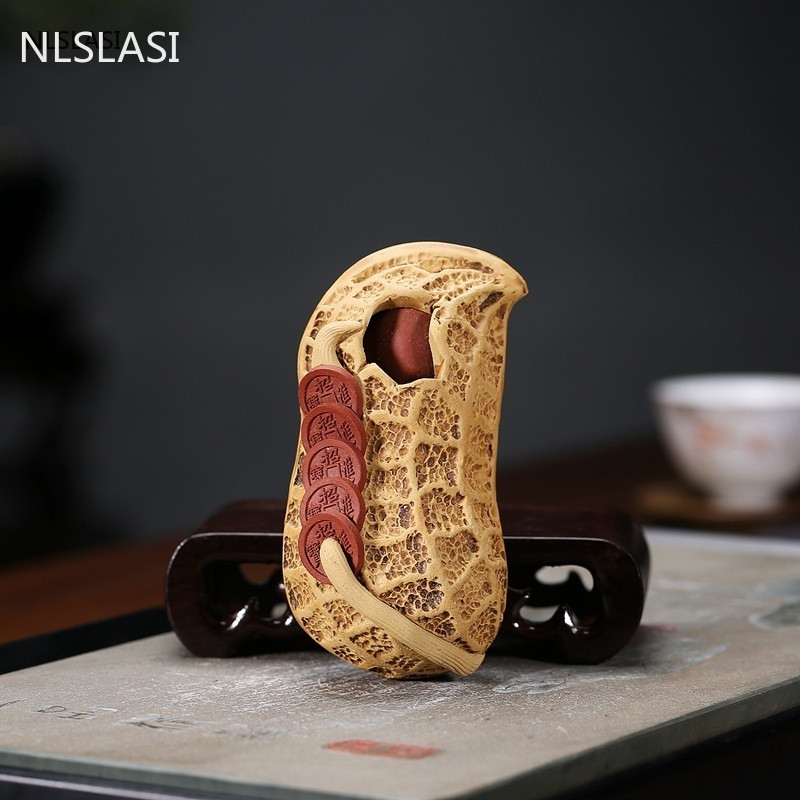 1Gb Yixing Purple Clay Tēja mājdzīvnieks Zemesriekstu statuja Rotājumi Laimes tēja Figurīna Boutique Tēja Dekorācijas piederumi Roku darbs Amatniecība