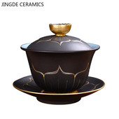 Ķīniešu stila keramikas Gaiwan Lotus Flower Tracing zelta tējas krūzes tējas trauks mājsaimniecības retro tējas komplekts, pielāgots rokām gatavots tējas infuzētājs