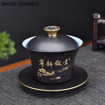 Керамика в китайски стил Gaiwan Lotus Flower Tracing Gold Teacup Tea Bowl Домакински ретро комплект за чай Персонализиран ръчно изработен чай Infuser