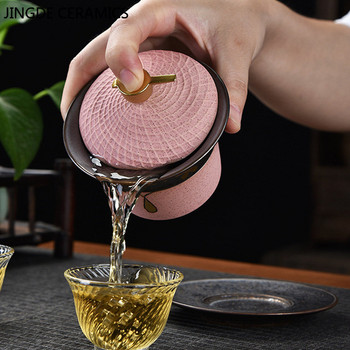 Керамика в китайски стил Gaiwan Lotus Flower Tracing Gold Teacup Tea Bowl Домакински ретро комплект за чай Персонализиран ръчно изработен чай Infuser