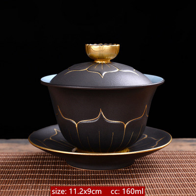 Ķīniešu stila keramikas Gaiwan Lotus Flower Tracing zelta tējas krūzes tējas trauks mājsaimniecības retro tējas komplekts, pielāgots rokām gatavots tējas infuzētājs
