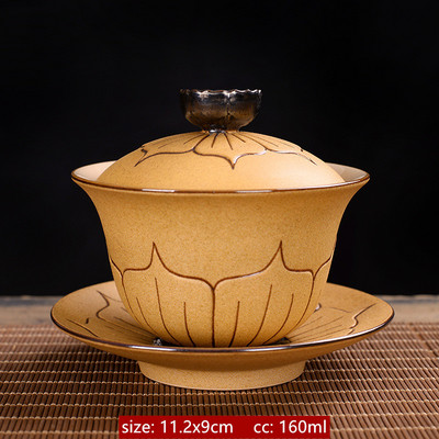 Ķīniešu stila keramikas Gaiwan Lotus Flower Tracing zelta tējas krūzes tējas trauks mājsaimniecības retro tējas komplekts, pielāgots rokām gatavots tējas infuzētājs