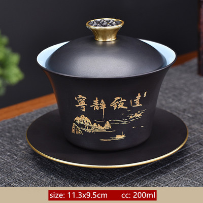 Ķīniešu stila keramikas Gaiwan Lotus Flower Tracing zelta tējas krūzes tējas trauks mājsaimniecības retro tējas komplekts, pielāgots rokām gatavots tējas infuzētājs