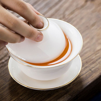 Gaiwan Чаша за чай Керамична кунг-фу купа за чай Златен ръб Чаша за чай Чаша за чай Чаша за чай Купа за чай Бял порцелан Проста купа с три CAI покритие 160 мл