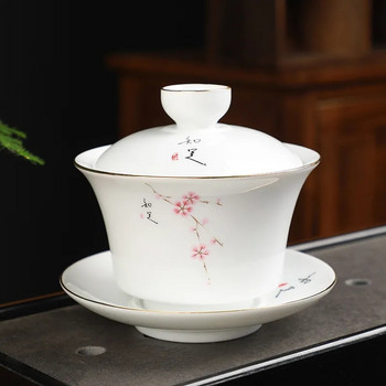 Gaiwan Чаша за чай Керамична кунг-фу купа за чай Златен ръб Чаша за чай Чаша за чай Чаша за чай Купа за чай Бял порцелан Проста купа с три CAI покритие 160 мл