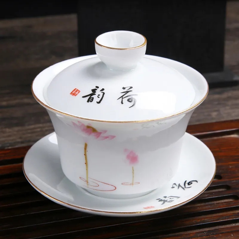 Gaiwan teáscsésze Kerámia KungFu teástál arany keretes teáscsésze teás tálka Teástál fehér porcelán egyszerű három CAI borítású tál 160ml