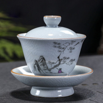 Ru Kiln Gaiwan Порцеланова кунгфу чаша Ретро ръчно изработени занаяти Sancai Чаша за чай Купа за чай Кухненски принадлежности за чай Аксесоари за пиене