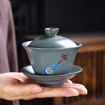 Pipa Deer Pattern Tea Cup Kungfu Teaware Retro Ceramic Gaiwan Ancient Pottery Tea Tureen Кухненски инструмент за пиене 190 ml