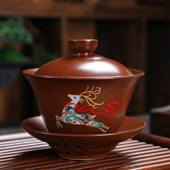 Pipa Deer Pattern Tea Cup Kungfu Teaware Retro Ceramic Gaiwan Ancient Pottery Tea Tureen Кухненски инструмент за пиене 190 ml