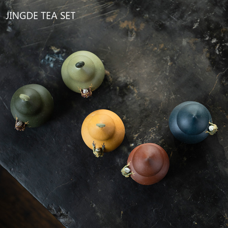 Radoša Yixing purpura māla tēja Mājdzīvnieku ķirbja varde Mazie rotājumi tējas komplekts Skulptūras Dekorācijas Dekoratīvie ar rokām darināti rokdarbi