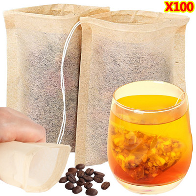 100 db teászsák húzózsinóros szűrővel Üres teászacskó kávébab levél teaporhoz, gyógynövényes gyógyszer biológiailag lebomló papírzacskó