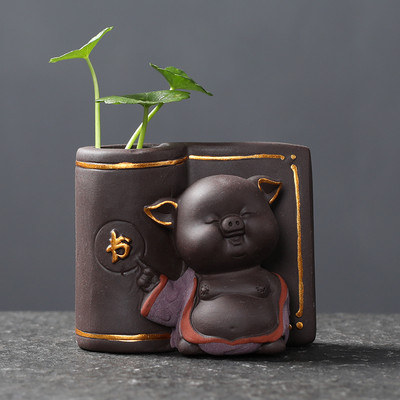 Hidroponikus teáskészlet Lucky Fortune Tea Figurine Kreatív Lila Agyag Tea Pet Desktop Virágcserép Kerti Bonsai Dekoráció