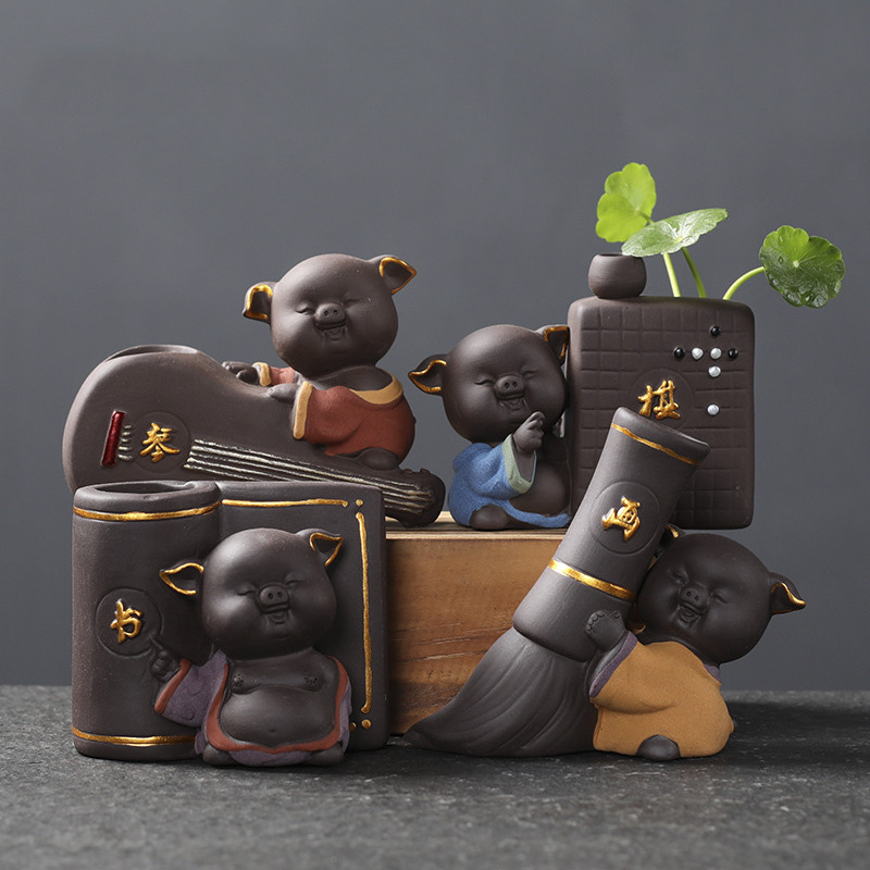Hidroponikus teáskészlet Lucky Fortune Tea Figurine Kreatív Lila Agyag Tea Pet Desktop Virágcserép Kerti Bonsai Dekoráció