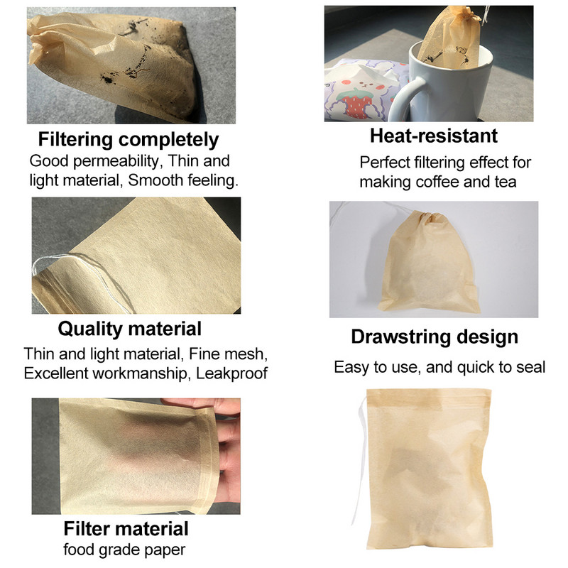100 bucăți pungi de ceai cu filtru de hârtie, pliculețe de ceai cu etanșare termică, infuzor de ceai, pliculețe de ceai cu șnur din lemn pentru ceai de ierburi.