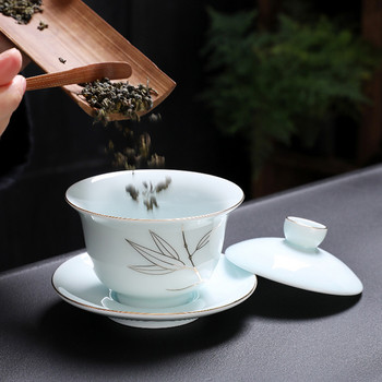 Селадонов златен ръб Gaiwan Китайски сервиз за чай Аксесоари Чаша за чай Чаша с голям капацитет Усъвършенствана бяла порцеланова кунгфу купа за чай