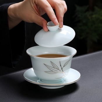 Celadon gold Rim Gaiwan Κινέζικο σετ τσαγιού Αξεσουάρ Φλιτζάνι τσαγιού μεγάλης χωρητικότητας Μπολ τσαγιού Kungfu από λευκή πορσελάνη