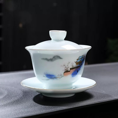 Celadon gold Rim Gaiwan kínai teáskészlet Kiegészítők Tea infuser Nagy kapacitású teáscsésze Advanced fehér porcelán kungfu teástál