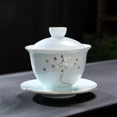 Celadon gold Rim Gaiwan Ķīniešu tējas komplekts Aksesuāri Tējas infuzētājs Lielas ietilpības tējas tase Uzlabota baltā porcelāna Kungfu tējas bļoda