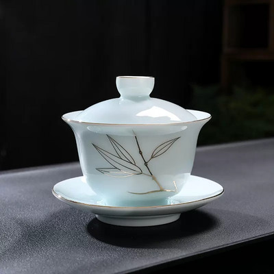 Celadon gold Rim Gaiwan Ķīniešu tējas komplekts Aksesuāri Tējas infuzētājs Lielas ietilpības tējas tase Uzlabota baltā porcelāna Kungfu tējas bļoda