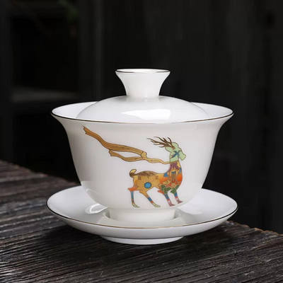 Celadon gold Rim Gaiwan Ķīniešu tējas komplekts Aksesuāri Tējas infuzētājs Lielas ietilpības tējas tase Uzlabota baltā porcelāna Kungfu tējas bļoda