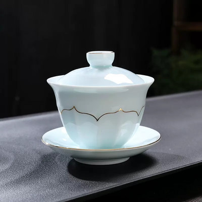 Celadon gold Rim Gaiwan Ķīniešu tējas komplekts Aksesuāri Tējas infuzētājs Lielas ietilpības tējas tase Uzlabota baltā porcelāna Kungfu tējas bļoda