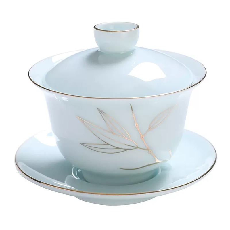 Celadon gold Rim Gaiwan Ķīniešu tējas komplekts Aksesuāri Tējas infuzētājs Lielas ietilpības tējas tase Uzlabota baltā porcelāna Kungfu tējas bļoda