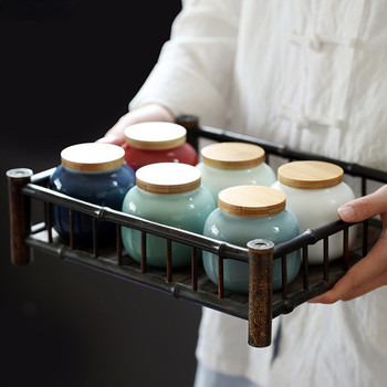 Творческа цветна керамична чаша за чай с дървен капак Порцеланови малки предмети Бижута Буркан за съхранение на бонбони Кухненски контейнер за съхранение