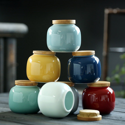 Cutie de ceai din ceramică, colorată, creativă, cu capac din lemn, obiecte mici, bijuterii, borcan de depozitare, recipient de bucătărie