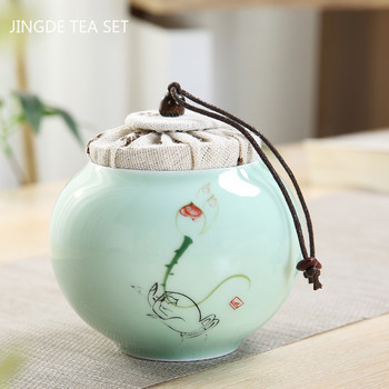 Преносим чай Celadon Caddy Travel Tea Bag Кутия за съхранение Запечатан керамичен буркан Tieguanyin Контейнери Кухня Кухня за подправки Кафе