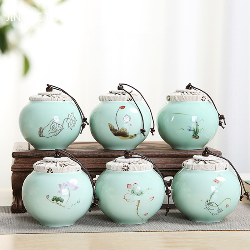 Pārnēsājams Celadon tējas Caddy ceļojumu tējas maisiņu uzglabāšanas kastīte Aizzīmogota keramikas burka Tieguanyin konteineri virtuves garšvielu kafijas kanna