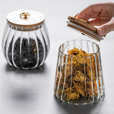 Függőleges mintás üveg tea Caddy háztartási bambusz fa fedővel lezárt tárolódobozok magas boroszilikát üvegből készült teatároló kannák