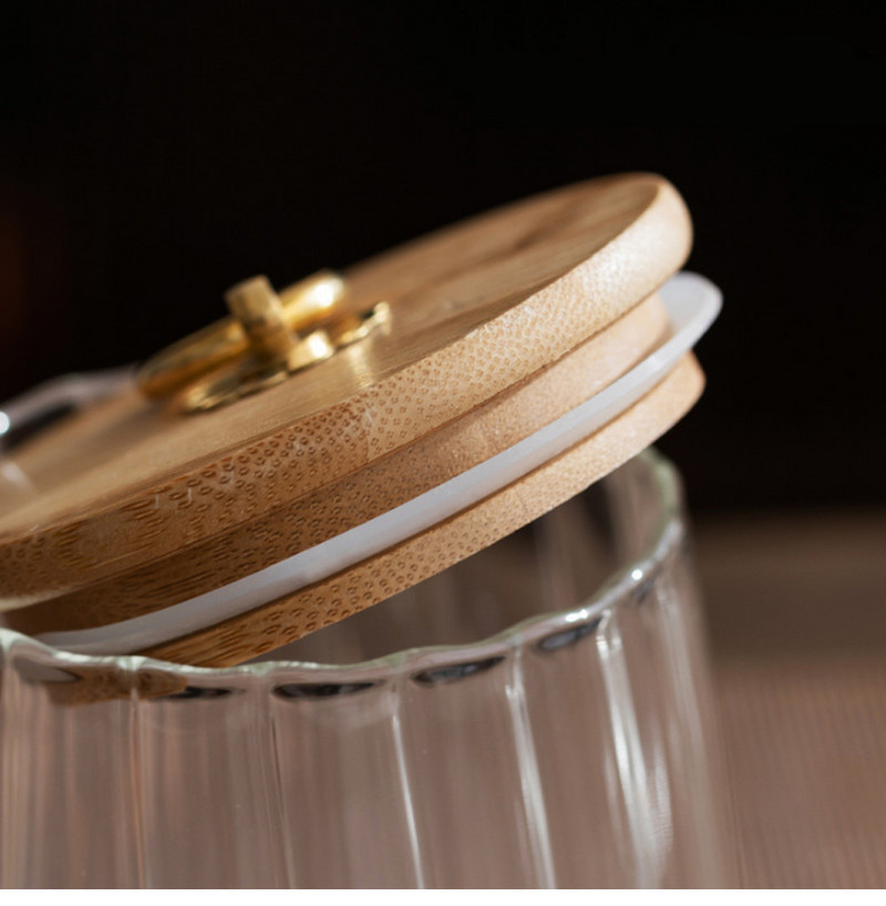 Vertikāla raksta stikla tēja Caddy mājsaimniecības bambusa koka vāks, noslēgts uzglabāšanas kannas ar augstu borosilikāta stikla tēju uzglabāšanas kārbas