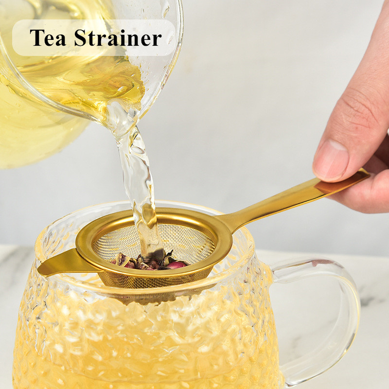 Nerūsējošā tērauda sieta tējas infūzijas sietiņa komplekts ar rokturi Virtuves atkārtoti lietojama smalka metāla tējas lapu kafijas filtra tējkannas piederumi