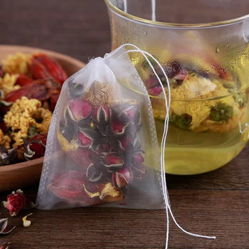 Чаени торбички за еднократна употреба Найлонови хранително-вкусови прозрачни 50 бр./Партида Цедка за чай Чаени торбички с връв заздравяващо уплътнение Празен инфузер за чай