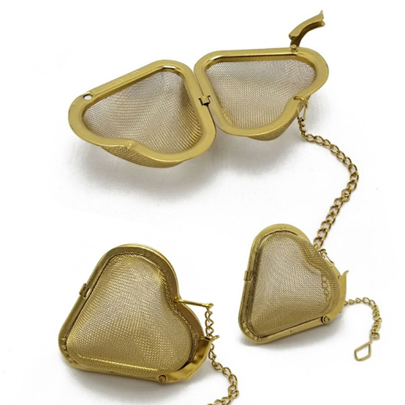 2 бр. Цедка за запарване на чай във формата на сърце от неръждаема стомана с мрежест филтър с верижка за подправки от листа за горещ чай Чаена топка
