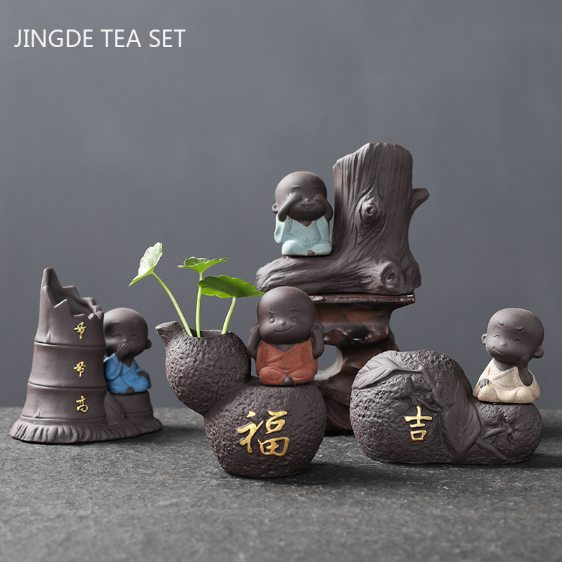 Roku darbs purpura māla tējas rotājumi mājdzīvniekiem Maza Budas mūka figūriņa Galda puķu pods Tējas galda apdares piederumi Dāvanas