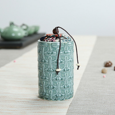 Celadon reljefs ar vāku mājas Ganoderma lucidum tēja kafijas pupiņas biskvīts konfektes aizzīmogotas kannas tabletes pulveris keramikas uzglabāšanas tvertne