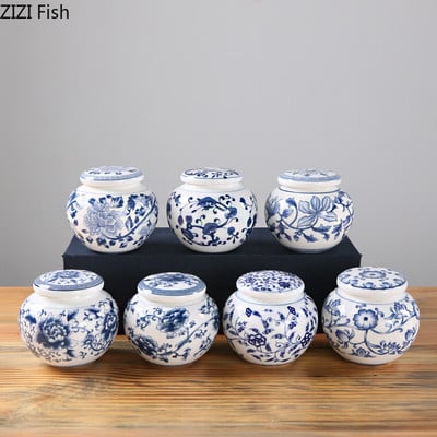 Cutie de ceai din porțelan albastru și alb în stil chinezesc, borcan de depozitare sigilat pentru bomboane de uz casnic, articole din ceramică pentru depozitare pentru bucătărie