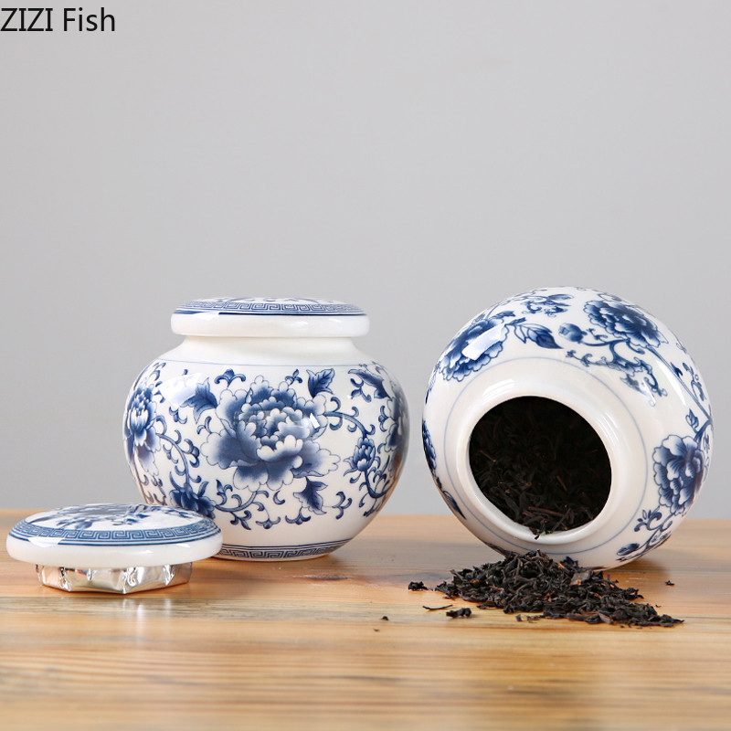 Ķīniešu stila zilā un baltā porcelāna tējas Caddy mājsaimniecības mazas konfekšu glabāšanas burkas Mākslas keramikas virtuves uzglabāšanas piederumi