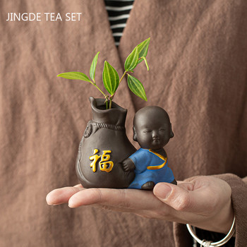 Креативност Ръчно изработена лилава глина Чай Домашен любимец Буда Монах Прасенце Статуя Орнаменти Настолна саксия Декорация на маса за домашен чай Подаръци