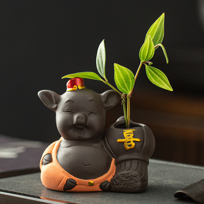 Creativitate, lucrat manual, ceai din lut mov, animal de companie, călugăr Buddha, porcușor, statuie, ornamente, ghiveci cu flori de birou, ghiveci pentru casa, cadouri de decorare pentru masă